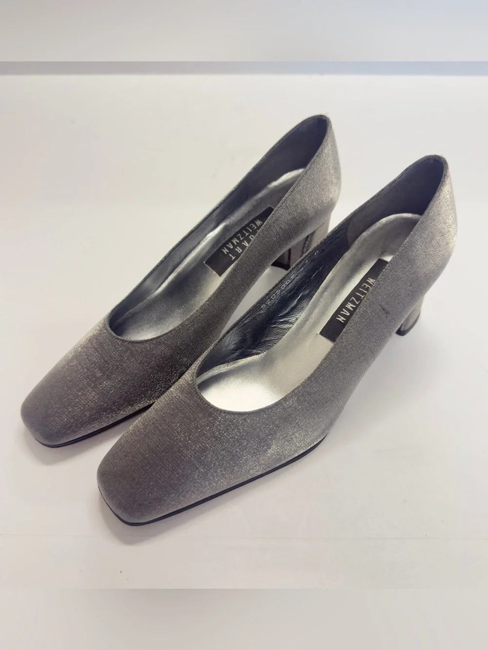 Vintage 90s Stuart Weitzman 'Anna' Pewter Metallic Block Heel Pumps Size 7